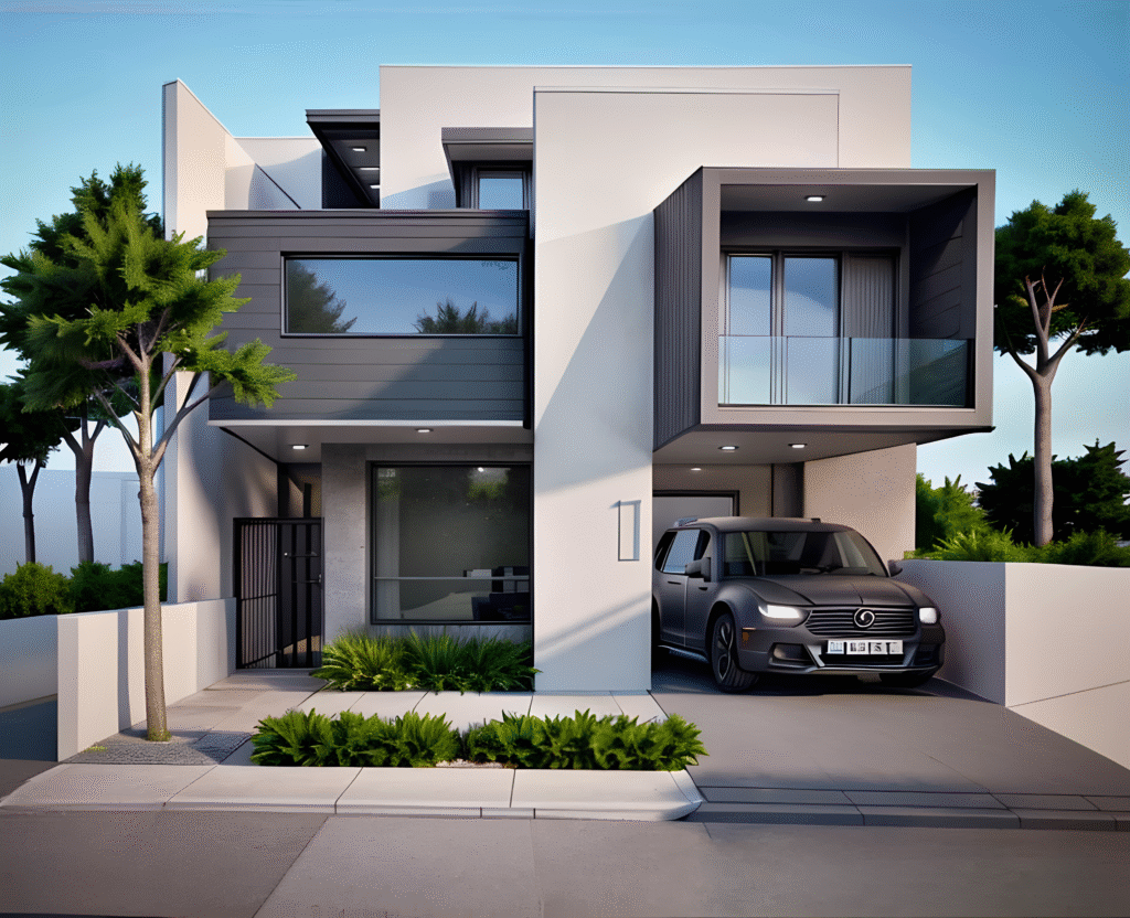 1013784641_hostinger_ai_e062046f Modern two-story residential house with minimalist architecture and carport – designed by Nhoel’s ArchH in Metro Manila.