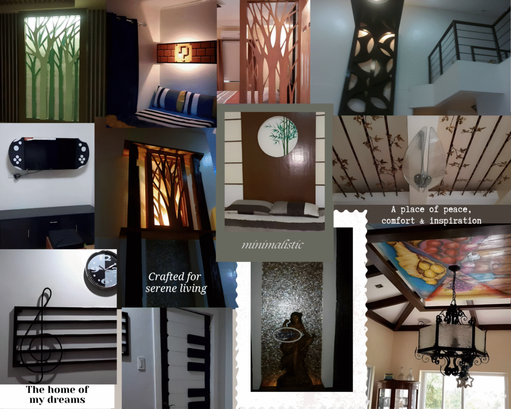 Beige Scrapbook Interior Design Home Of My Dreams Photo Collage (1) Collage of handcrafted interior details, lighting, ceiling murals, and woodwork designs by Nhoel’s ArchH, showcasing fine craftsmanship and bespoke creativity.